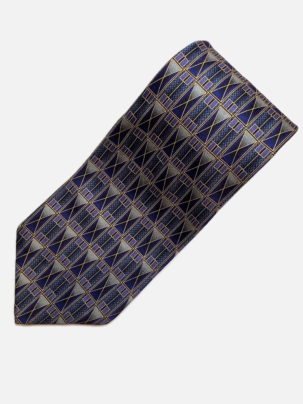 George Machado Men's Silk Tie Navy Blue Gold Geometric Pattern Suit Necktie